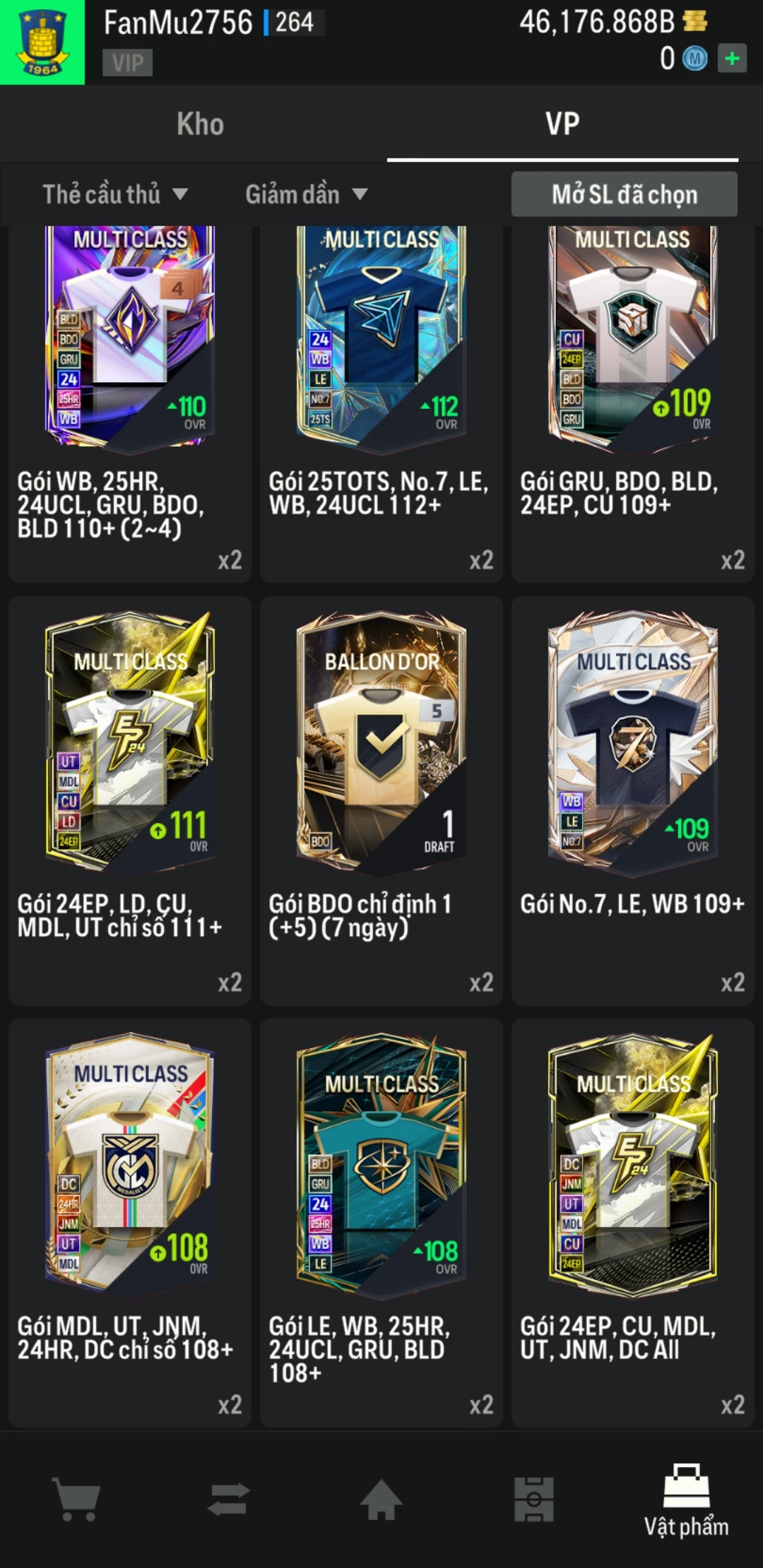 Ảnh ACC mở thẻ (LOẠI SVIP PROMAX) bao gồm có thẻ +12, thẻ Prime (có QH, CP, XS) và 1500+ đến 2000+ thẻ cầu thủ từ Siêu sao đến Miền núi các loại khác. Có sẵn BP trắng trong acc từ 40.000 tỷ BP đến 46.000 tỷ BP kèm theo nhiều ngày SVIP